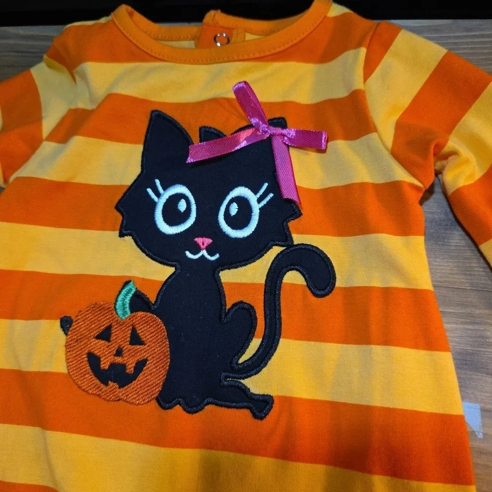 NEW‎ Annloren 3-6 Month First Halloween Orange Pumpkin Black Cat Romper Ruffles